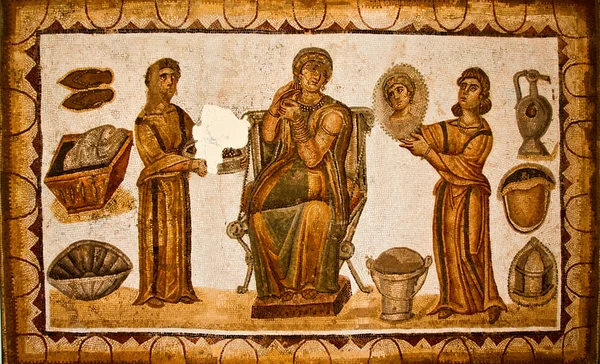 Foto: Fabienkhan, https://commons.wikimedia.org/wiki/File:Carthage_museum_mosaic_1.jpg, „Carthage museum mosaic 1“, Ausschnitt, https://creativecommons.org/licenses/by-sa/2.5/legalcode Körperpflege im Alten Rom, Mosaik, im: Museé national de Carthage, Byrsa, Tunesien