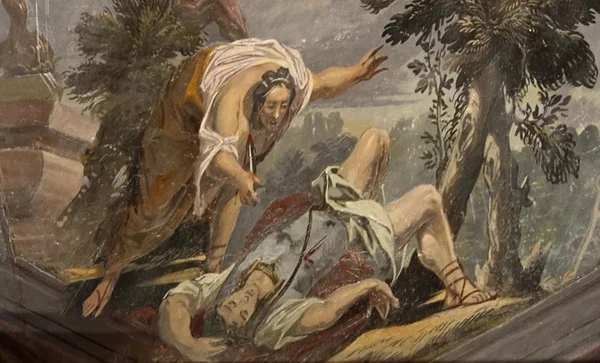 Foto: Staatliche Schlösser und Gärten Baden-Württemberg, Arnim Weischer esidenzschloss Ludwigsburg, Junozimmer, Deckenfresko, Ausschnitt, Thisbe entdeckt den gerade verstorbenen Pyramus unter einem Maulbeerbaum.