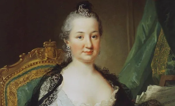 Rechteinhaber und Urheber = Foto: Gemeinfrei, via Wikimedia Commons Schloss und Schlossgarten Schwetzingen, Elisabeth Auguste am Spinnett von Johann Heinrich Tischbein