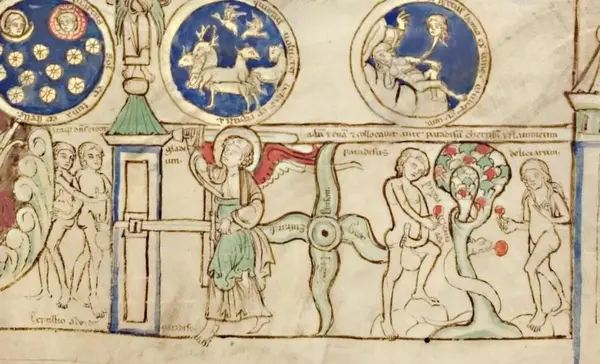 Foto: Universitätsbibliothek Heidelberg, Cod. Sal. X, 16, gemeinfrei Miniatur „Initium creaturae dei“, Ausschnitt, Liber scivias, Zwiefalten und Salem, Ende des 12. Jahrhunderts und um 1220